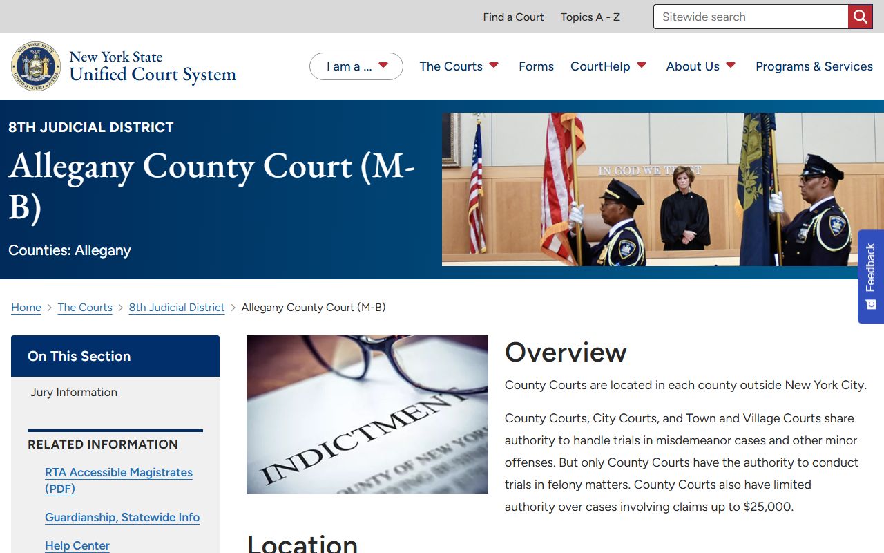 Official Allegany County Court page with courthouse address and court staff information