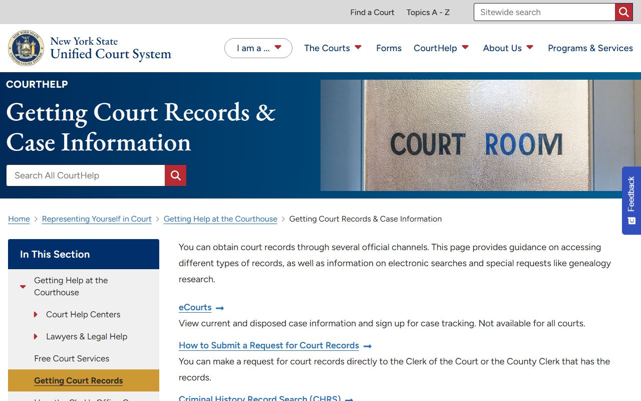 New York Courts help page explaining criminal court records and case information access