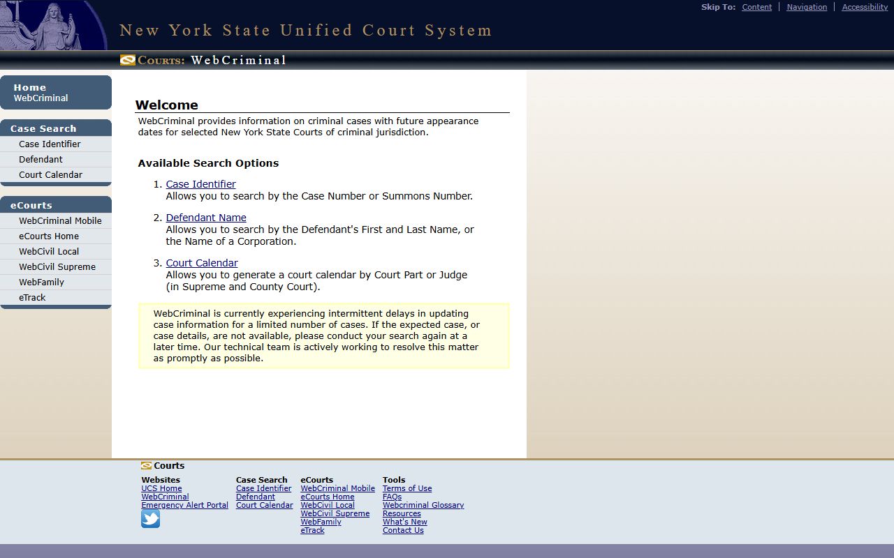 New York Courts WebCriminal portal search categories for criminal case lookup